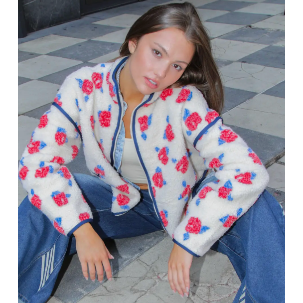 Oversized Floral Printed Fleece Sherpa Jacket - Ivory/Red Flower