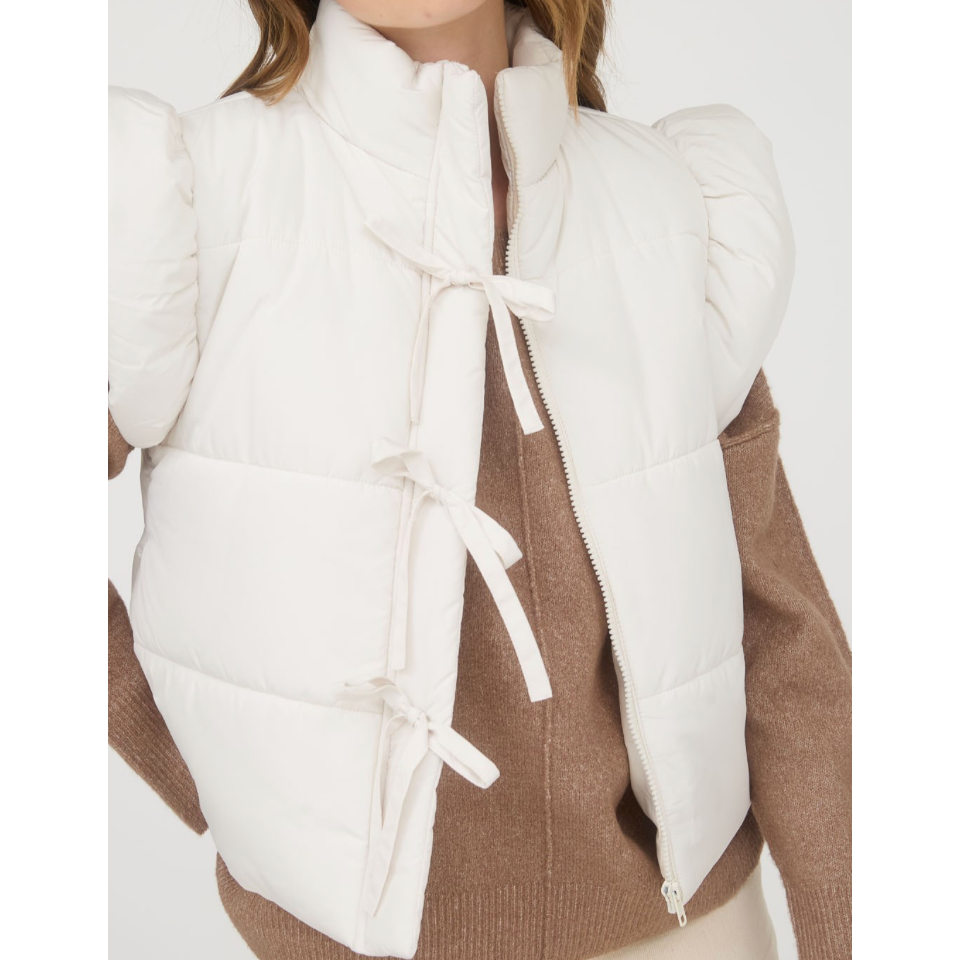 Flutter Sleeve Bow Detail Zip-up Puffer Vest