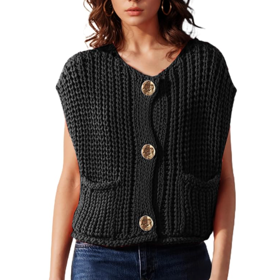 Chunky Sweater With Gold Buttons - Black