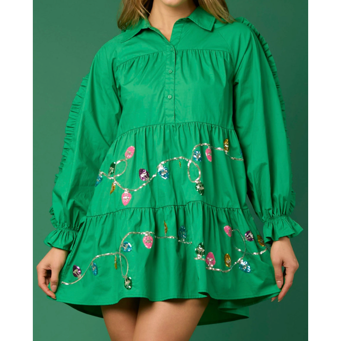 Poplin Shirt Dress With Sequin Christmas Bulbs