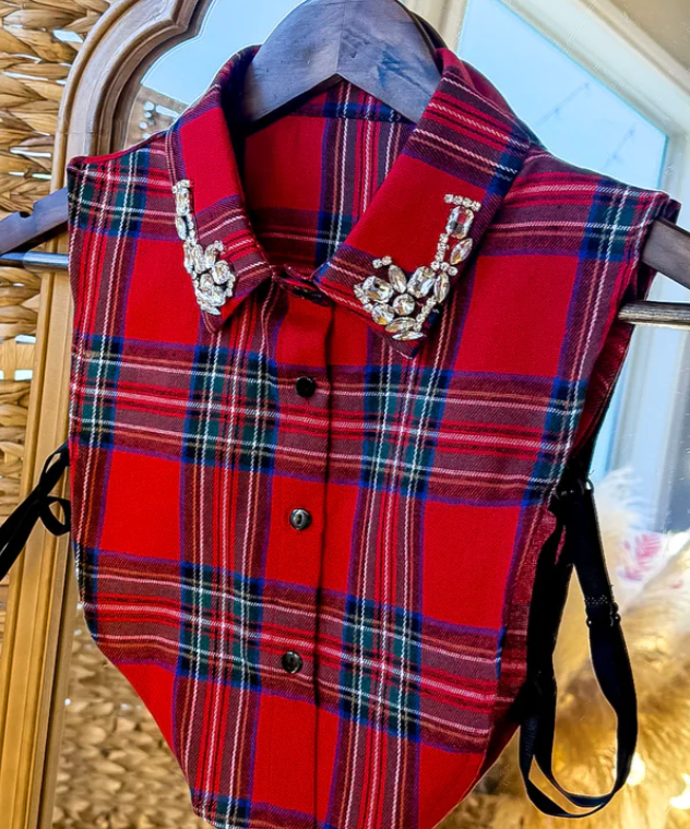 Faux Collar Red Plaid With Rhinestones
