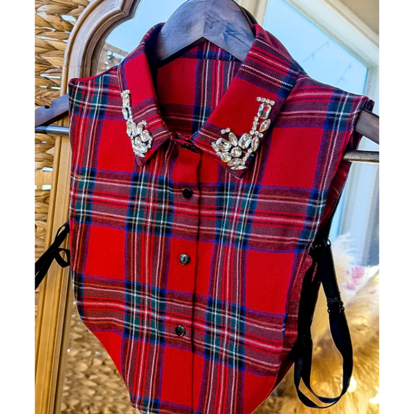Faux Collar Red Plaid With Rhinestones