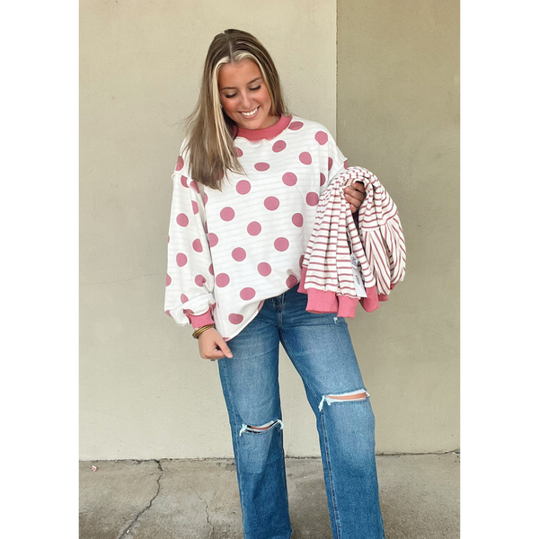 Reversible Polka Dot And Stripe Mock Neck Sweatshirt