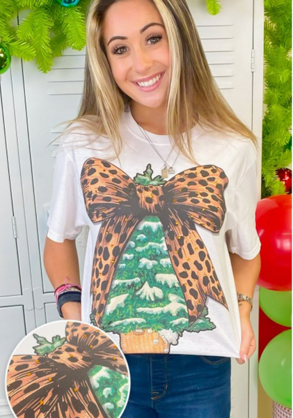Christmas Tree Cheetah Bow Rhinestone Graphic Tee