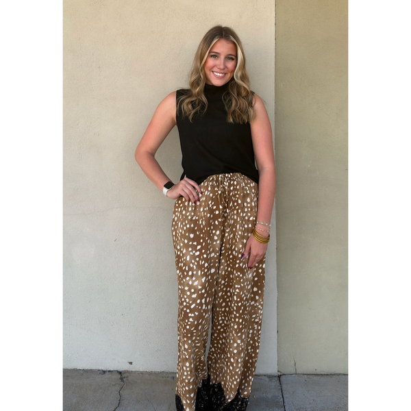 Deer Printed Plisse Wide Pull On Pants