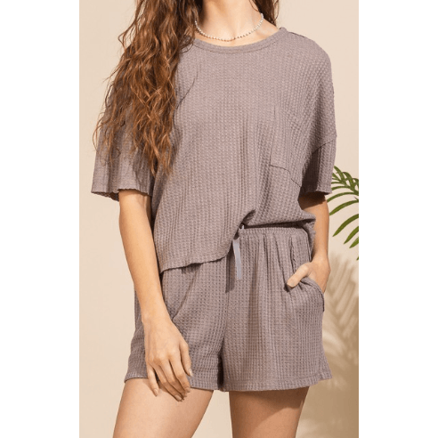 Casual Solid Waffle Top & Shorts Set