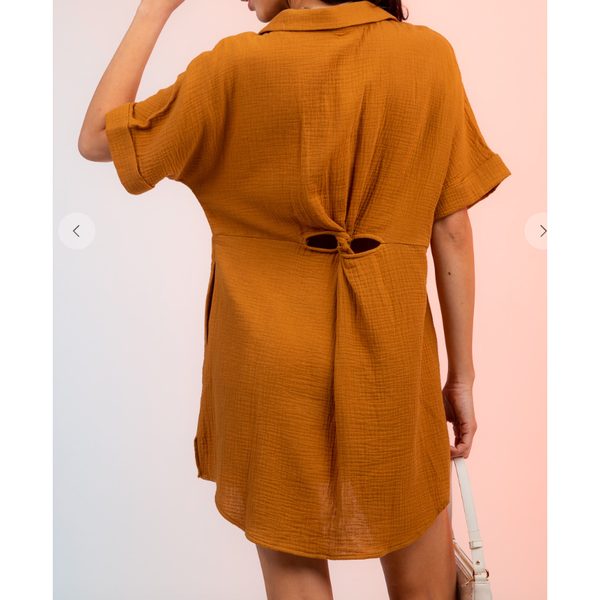 Half Sleeve Cutout Back Mini Shirt Dress - Camel