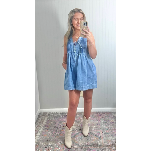 Alex V-Neck Bow Tie Denim Romper