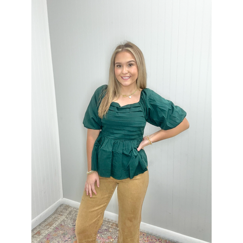 Bubble Sleeve Pleated Woven Top - Sea Green