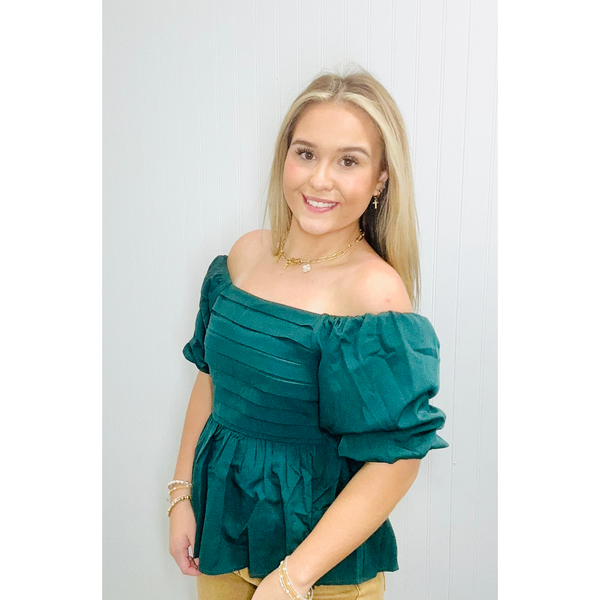 Bubble Sleeve Pleated Woven Top - Sea Green