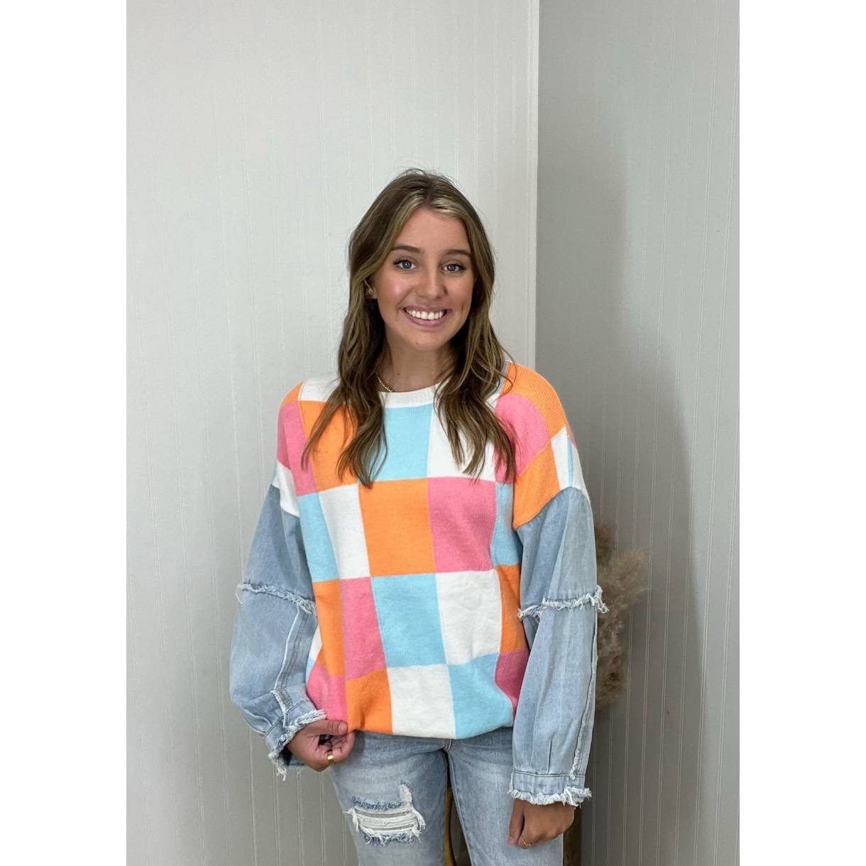 Checker Sweater Top With Denim Sleeves- Orange/Pink/Denim