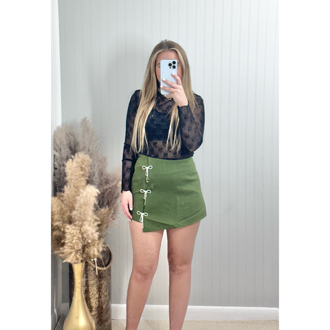 Skort With Rhinestone Bows - Olive