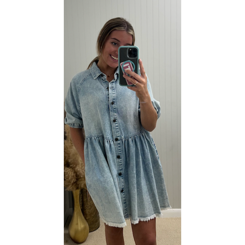 Denim Button Down Puff Sleeve Dress