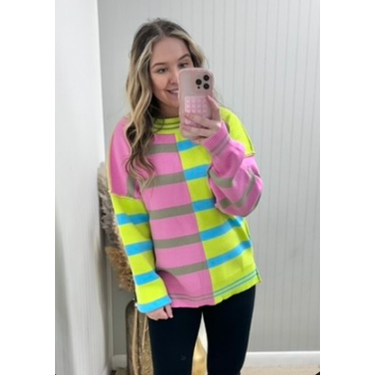 Color Block Oversized Striped Knit Sweater Top