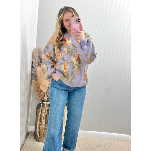 Soft Cozy Floral Print Knit Sweater Top