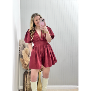 Ballon Sleeve Romper - Burgundy