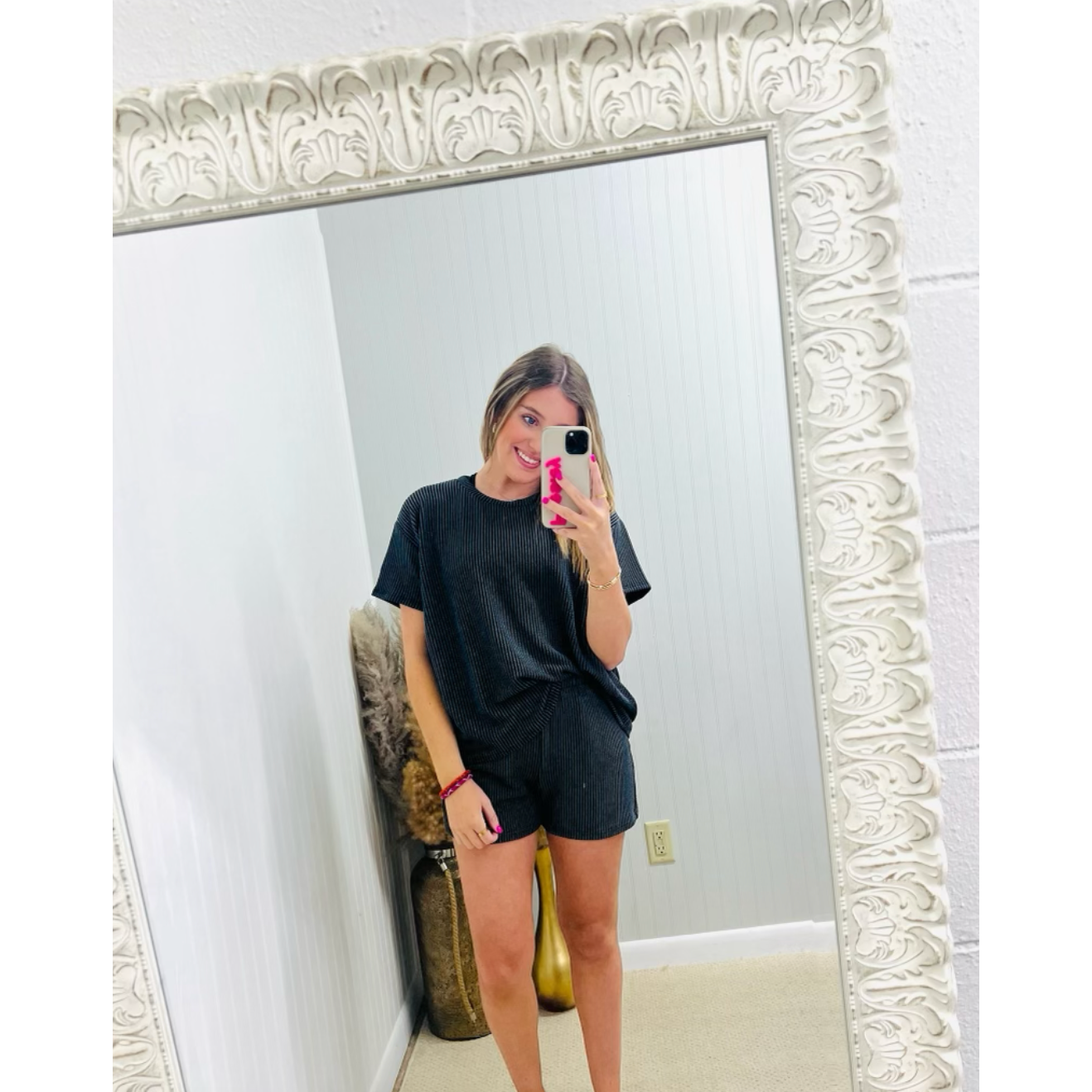 Ribbed Short Sleeve And Short Set - Charcoal