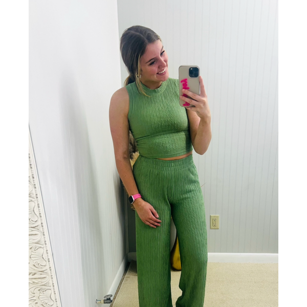 Textured 2Pc Cropped Top & Wide Leg Pants Set