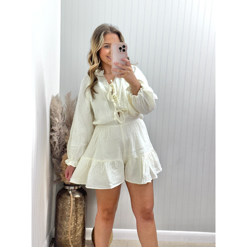 Cream Romper w/ Bow Front Closure