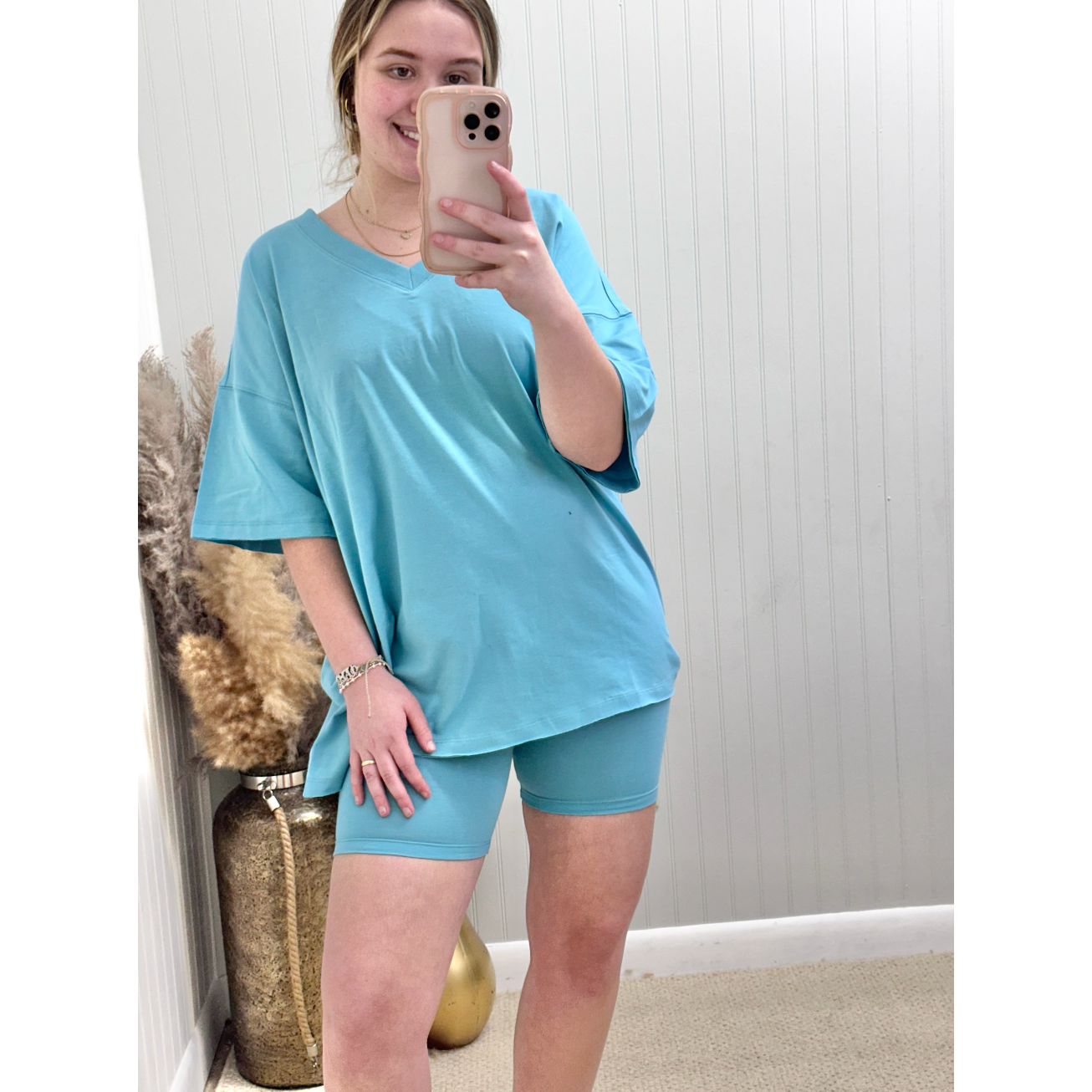 Teal V-Neck Biker Shorts Set