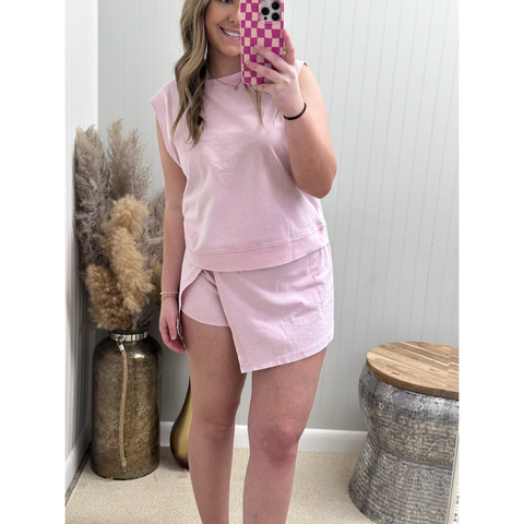 2 Piece Mineral Wash Tank Top Lined Split Skirt Set