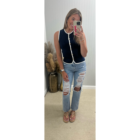 Contrast Trim Gold Button Sweater Tank