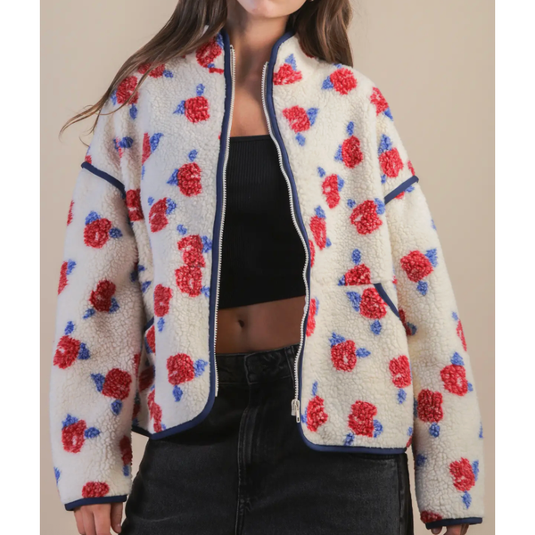 Oversized Floral Printed Fleece Sherpa Jacket - Ivory/Red Flower