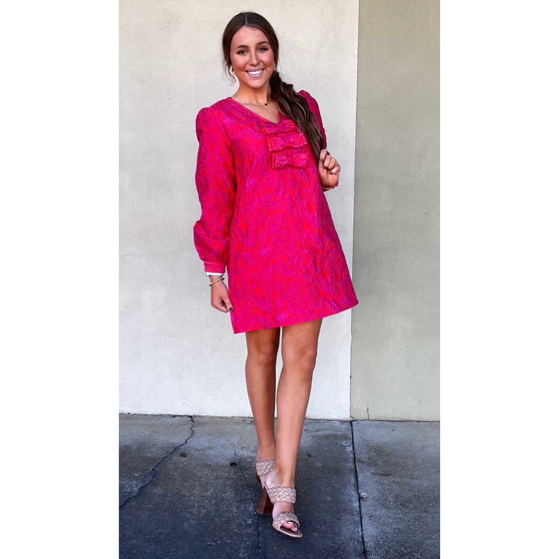 Front Bow Accent Jacquard Dress