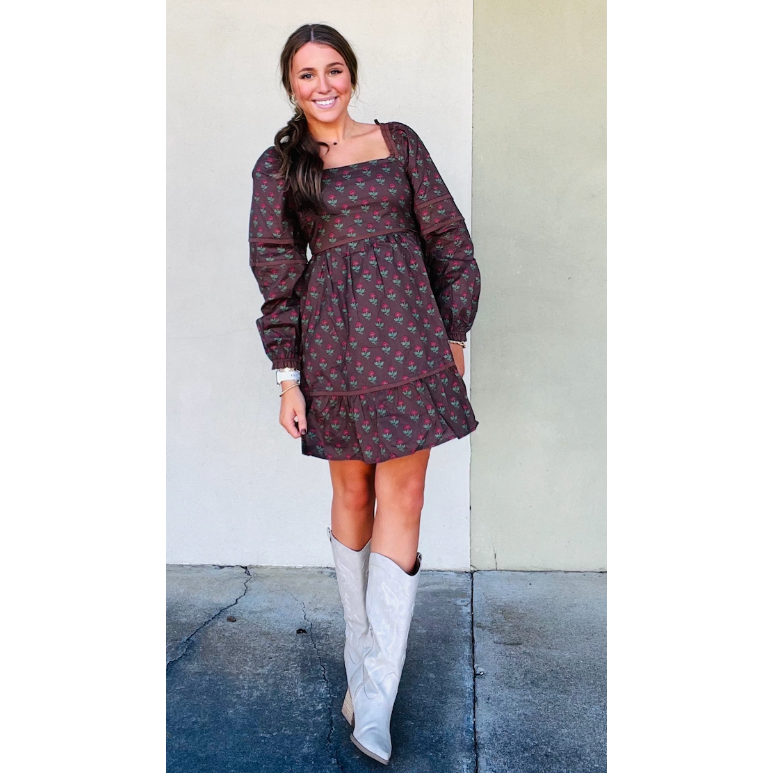 Chocolate Printed Ruffle Detail Mini Dress