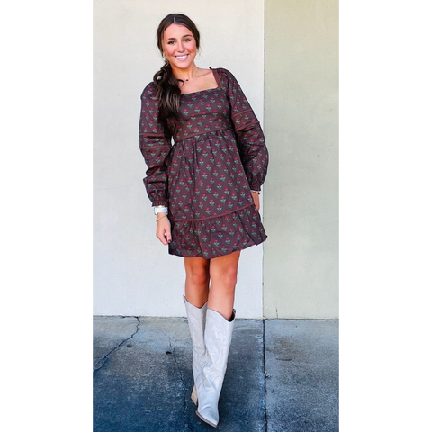 Chocolate Printed Ruffle Detail Mini Dress