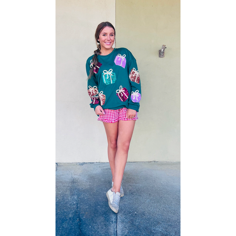 Sequin Christmas Gift Box Embroideries Pullover