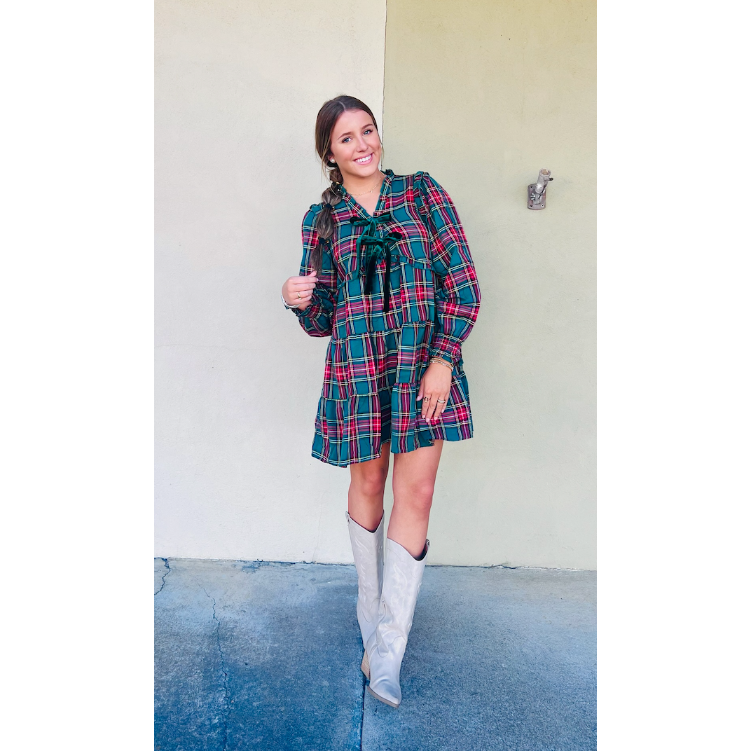 Plaid Ruffle Tear Dress With Velvet Bows