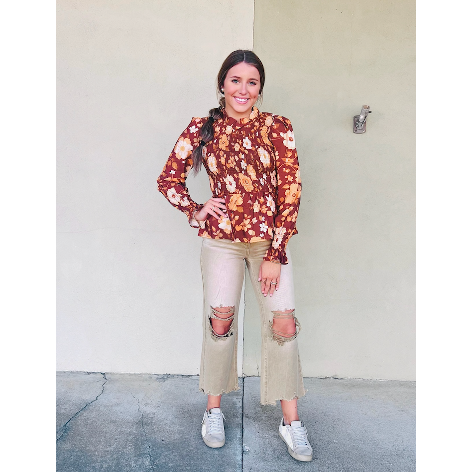 Floral Print Smocked Bodice Ruffle Mock Neck Top