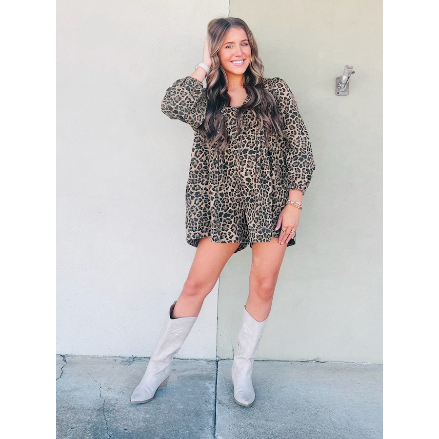 Printed Pleated Long Sleeve Denim Romper