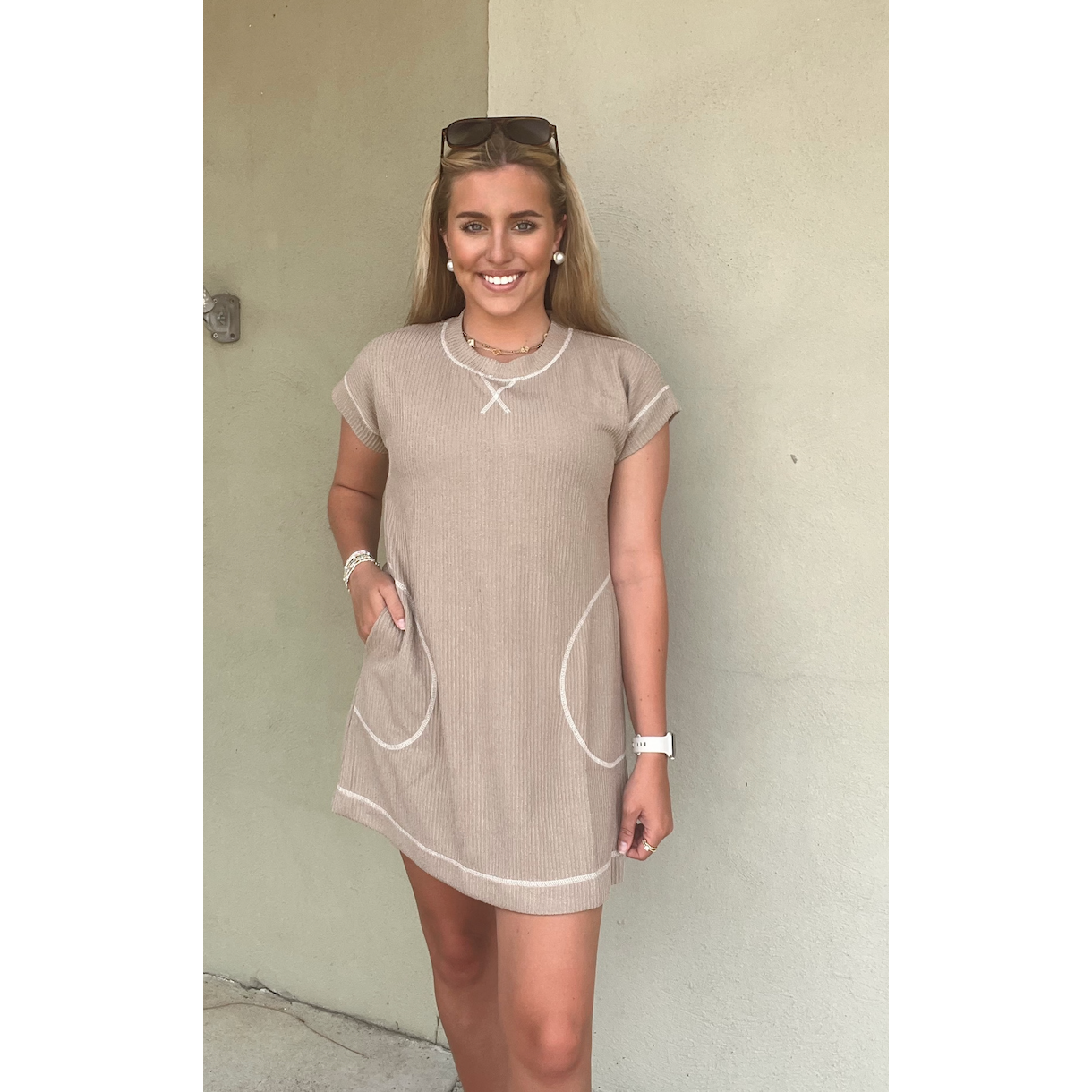 ribbed short sleeve mini dress MOCHA / Small RIBBED KNIT SHORT SLEEVE MINI T-SHIRT DRESS