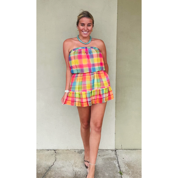 Sunset Plaid Strapless Romper