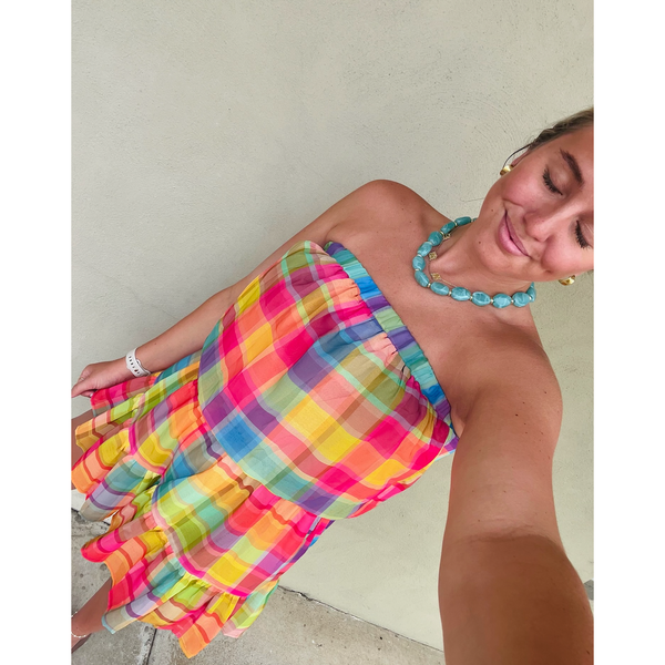 Sunset Plaid Strapless Romper