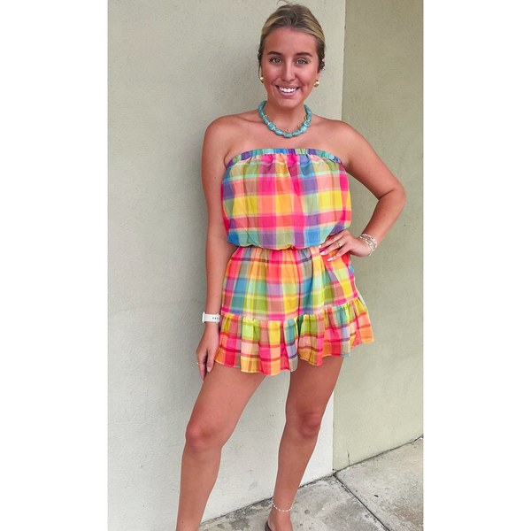 Sunset Plaid Strapless Romper