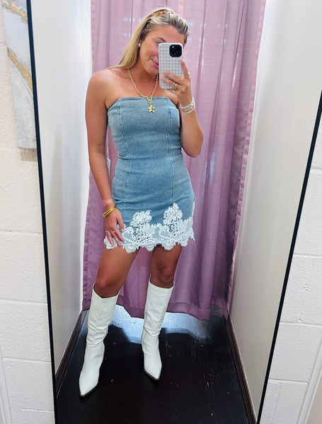 Lace Trim Denim Strapless Mini Dress