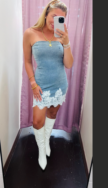 Lace Trim Denim Strapless Mini Dress
