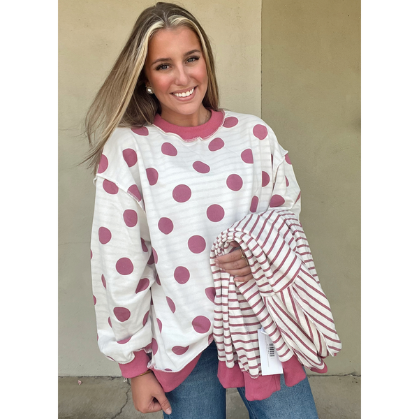Reversible Polka Dot And Stripe Mock Neck Sweatshirt