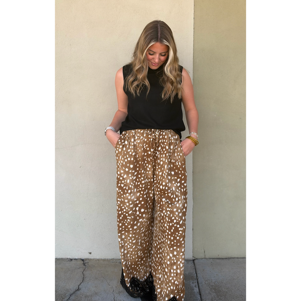 Deer Printed Plisse Wide Pull On Pants