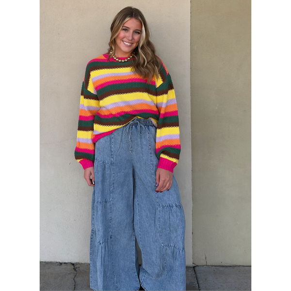 Rainbow Striped Knit Round Neck Puff Sleeve Sweater