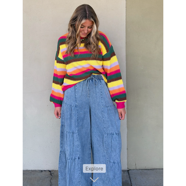 Rainbow Striped Knit Round Neck Puff Sleeve Sweater