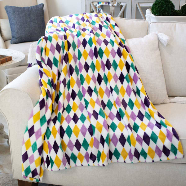 Mardi Gras Harlequin Throw   White/Purple/Green/Yellow   50x60