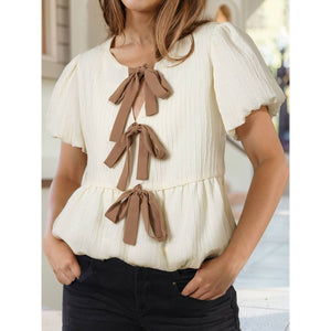 Textured Bow Ties Front Bubble Hem Puff Short Sleeve Blouse