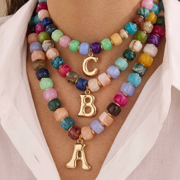 JOSSLYN by wall to wall - Multi Chunky Beaded Initial Charm Necklace Set | 40NK9655