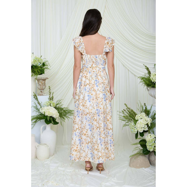 FLORAL WAIST TIE FRONT SLIT SLEEVELESS MIDI DRESS