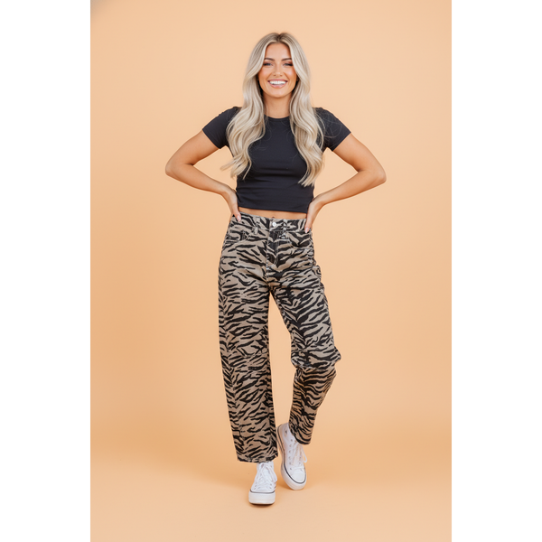 Zebra Stripe Denim Wide Barrel Leg Jeans