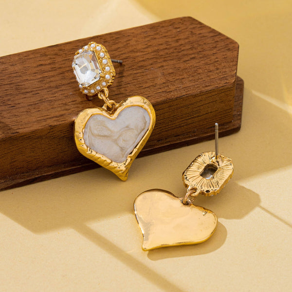 Marbled Enamel Heart Crystal Drop Earrings
